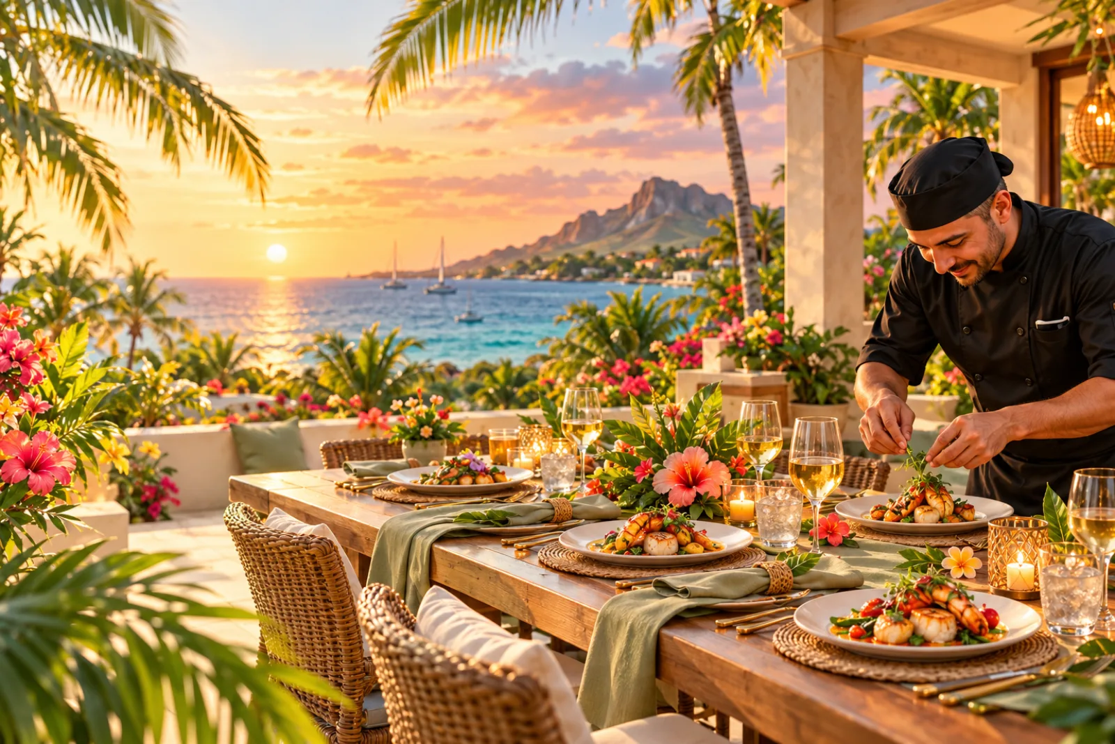 A chef preparing dinner beside a beautifully set table overlooking the Caribbean at sunset