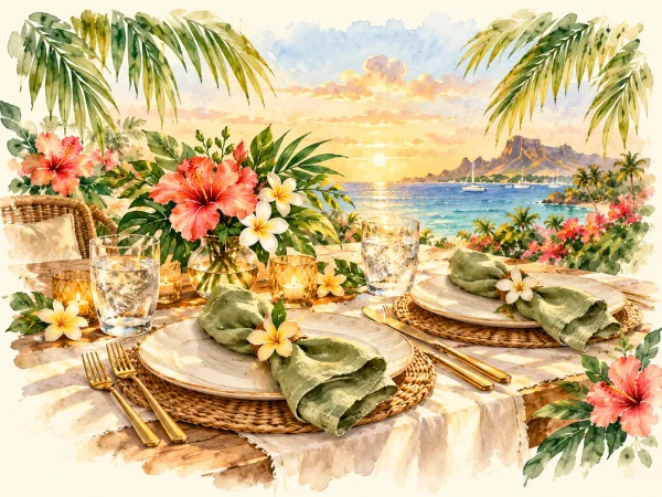 Watercolor place settings, sage napkins, and tropical flowers